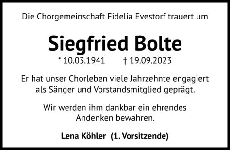 Traueranzeigen Von Siegfried Bolte Trauer Anzeigen De