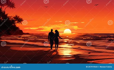 Silhouette of a Couple on the Beach at Sunset Stock Illustration ...