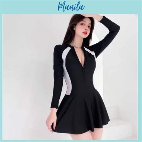 Size M L XL Bikini liền mảnh khóa kéo ngắn tay dài tay váy xòe kín đáo chạy sọc viền trắng