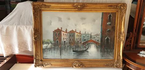 QUADRO VECCHIO DIPINTO A Olio Su Tela Vintage Paesaggio Venezia Con