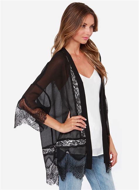 Black Lace Pattern Chiffon Cardigan Kimono Clothes Fashion Black