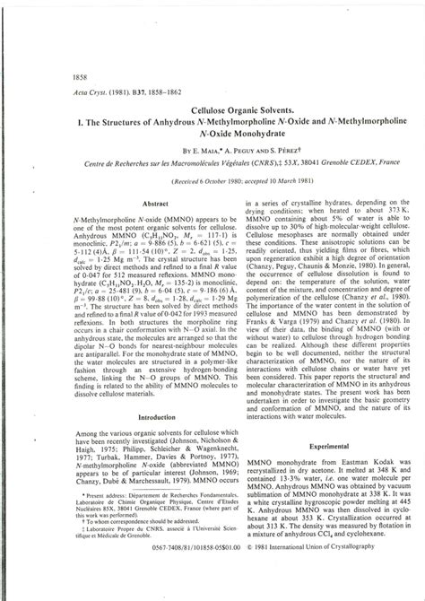 (PDF) Cellulose organic solvents. I. The structures of anhydrous N-methylmorpholine N-oxide and ...