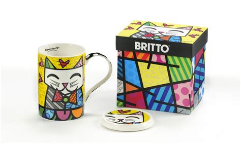 ROMERO BRITTO GIFT BOXED NEW BONE CHINA MUG W/ LID: CAT - Artreco