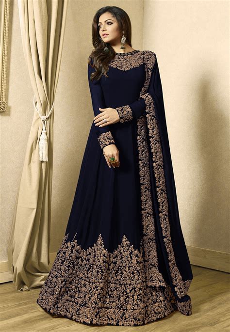 Buy Embroidered Georgette Abaya Style Suit In Navy Blue Online