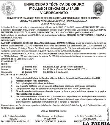 Convocatoria Examen De Ingreso Directo Carrera Enfermer A Sub Sedes De