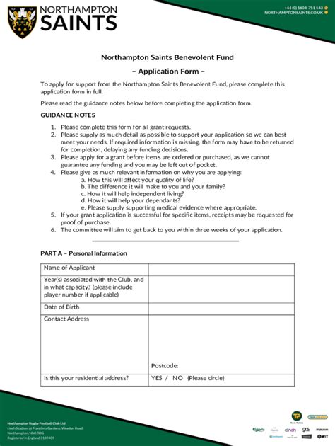 Fillable Online Northampton Saints Benevolent Fundapplication Form Fax