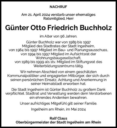 Traueranzeigen von Günter Otto Friedrich Buchholz vrm trauer de