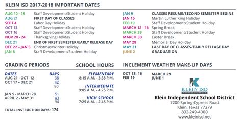 Klein Collins High School - School District Instructional Calendar ...