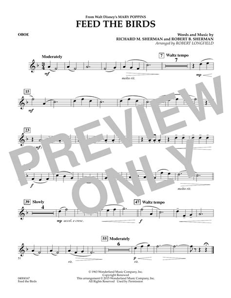 Feed The Birds From Mary Poppins Oboe Sheet Music Robert