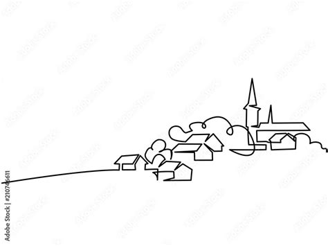 Continuous Line Drawing Landscape With Village On Hill Vector