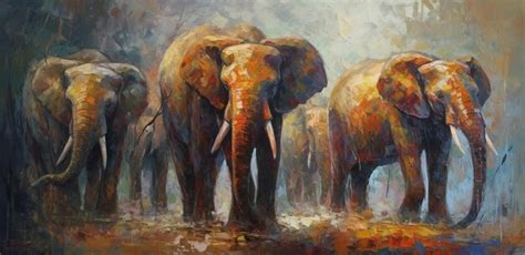 Premium Photo | Painting of three elephants walking in a row in a field ...