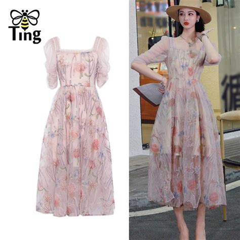 Tingfly Women Summer Fashion Luxury Appliques Sheer Midi Long A Line