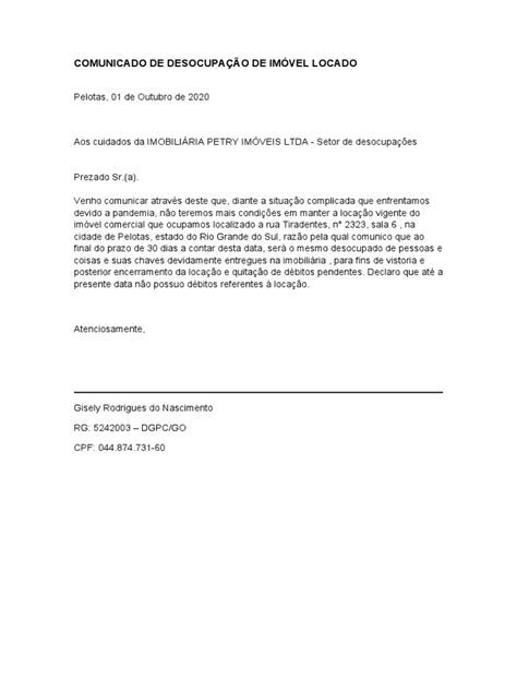 Modelo Comunicado De Desocupação De Imóvel Locado Pdf