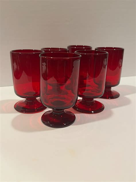 6 Handblown Glasses Vintage Ruby Red Footed Drinking Glasses Etsy