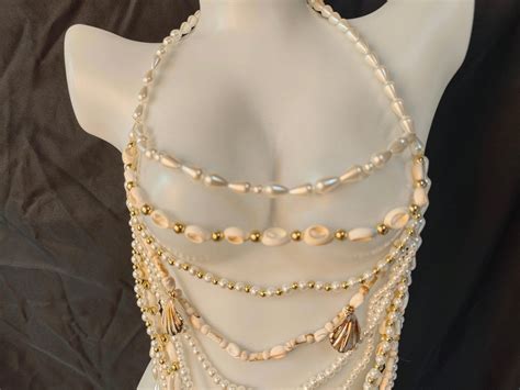 Long Pearl Chain Necklace Bra Sexy Women Beaded Shell Lingerie Goddess Style Versatile