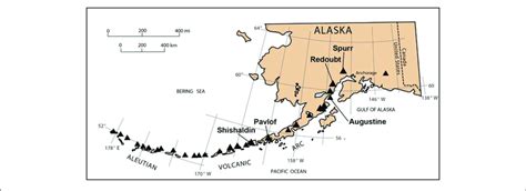 | Map showing locations of historically active volcanoes in Alaska as ...