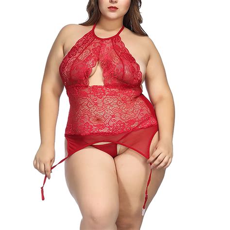 POTETI Womens Lingerie Plus Size Red Lace Underwear Mesh See Through