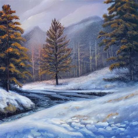 Oil Painting Snow Blizzard In Woodland Meadow Log Stable Diffusion