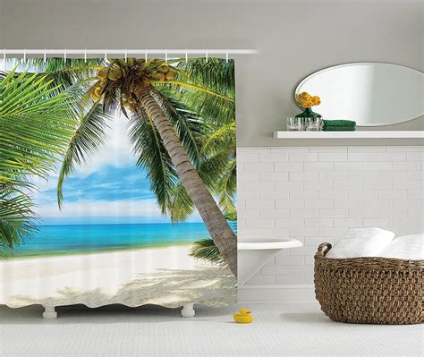 Beach Shower Curtain Set Ocean Decor Shadow Shade Of A Coconut Palm