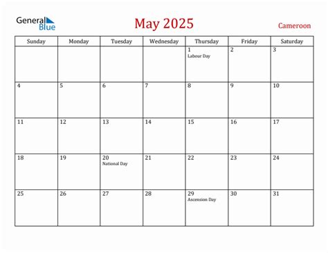 May 2025 Cameroon Monthly Calendar with Holidays