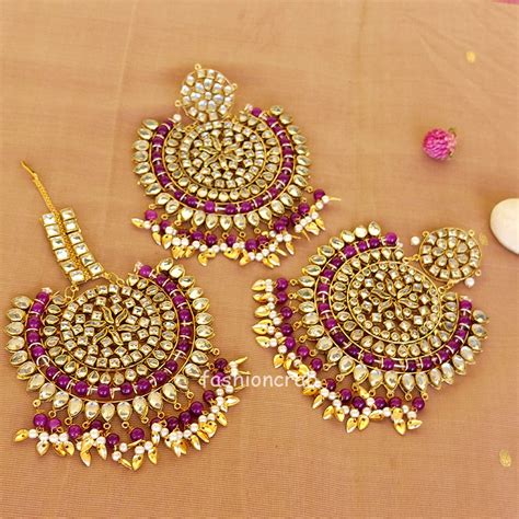 Big Punjabi Tikka Set With Earrings For Women Purple Fashioncrab