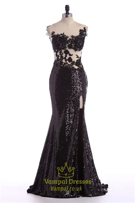 Black Sheer Lace Applique Backless Mermaid Sequin Prom Dress With Slit