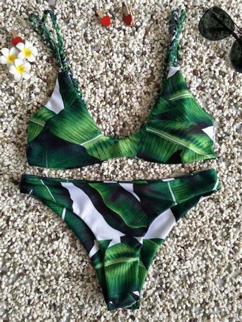 Leaf Print Braided Cami Bikini Set Bikinis Bikini Set Leaf Print Bikini