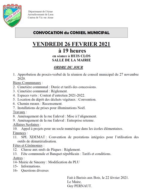 Ordre Du Jour Conseil Municipal Du F Vrier Barisis Aux Bois