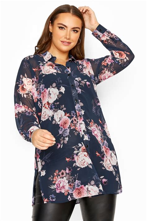 Yours London Navy Floral Print Chiffon Shirt Yours Clothing