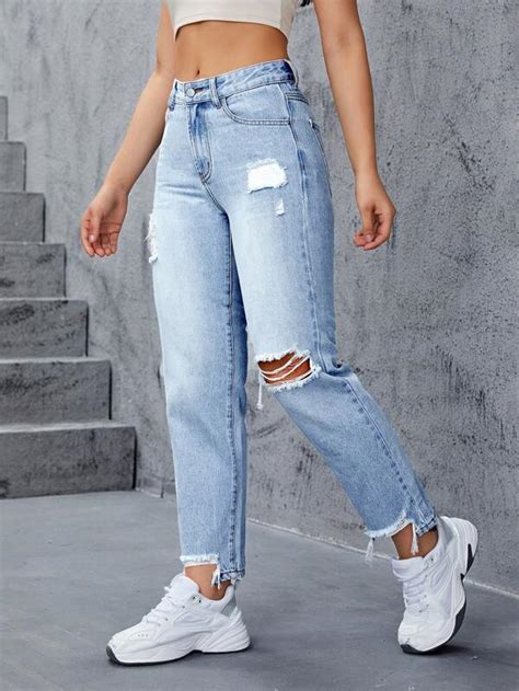 Shein Ezwear High Waist Ripped Mom Fit Jeans Shein Usa