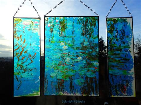 claude monet blue water lilies stained glass  printing  canvas