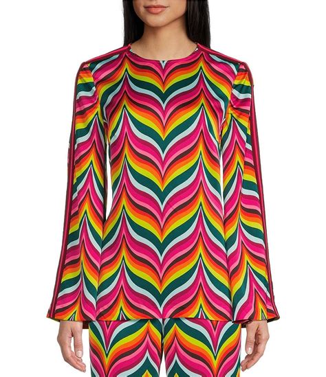 Trina Turk Ritz Woven Striped Print Crew Neck Long Sleeve Contrasting