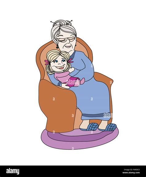 Grandmother Hugs Her Granddaughter Hand Drawn Illustration Stock