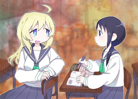 Safebooru 2girls Ahoge Black Hair Blonde Hair Blue Eyes Book Chito