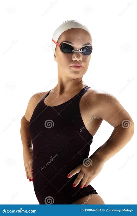 Beautiful Dwarf Woman Practicing In Swimming Isolated On White