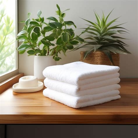 Premium Ai Image White Clean Towels On Wooden Table In Bathroom