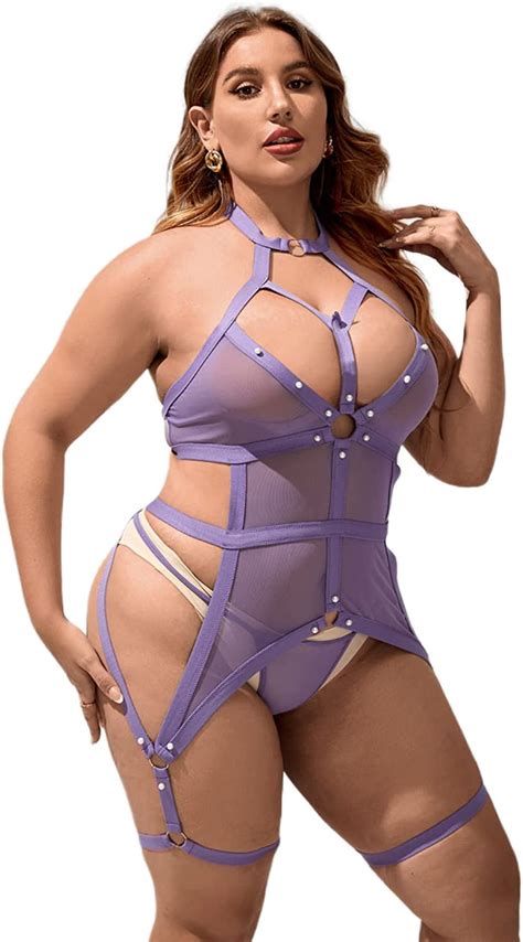 Soly Hux Women S Plus Size Sexy Lingerie Set Sheer Garter Teddy