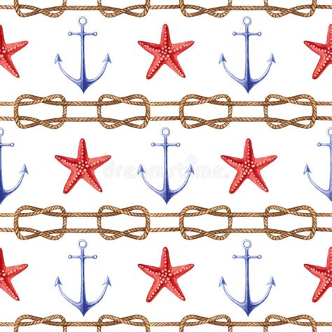 Nautical Watercolor Seamless Pattern With Sea Anchors Starfishes And