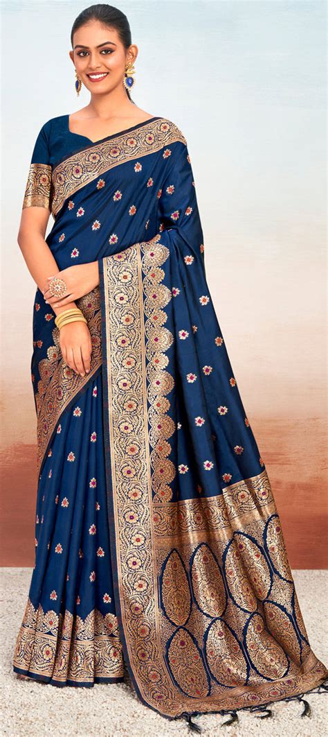 Party Wear Traditional Blue Color Art Silk Fabric Saree