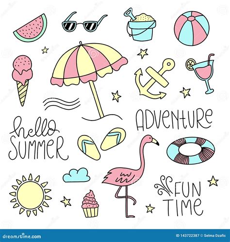 Set Of Hand Drawn Summer Doodles Hand Sketched Summer Icons