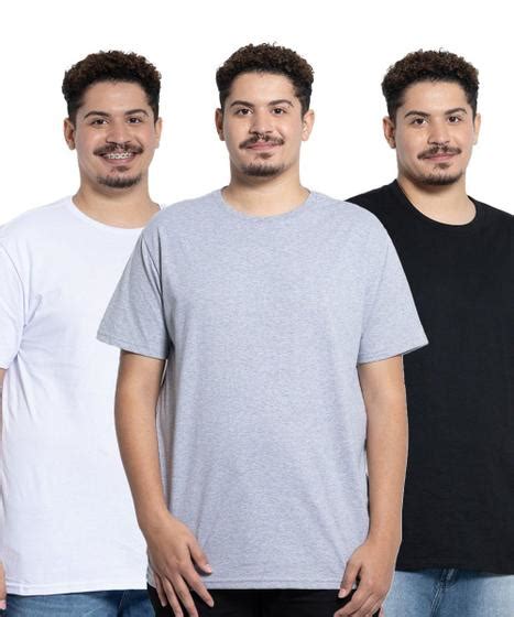 Kit de 3 Camisetas Plus Size Básicas Masculinas Cores Neutras