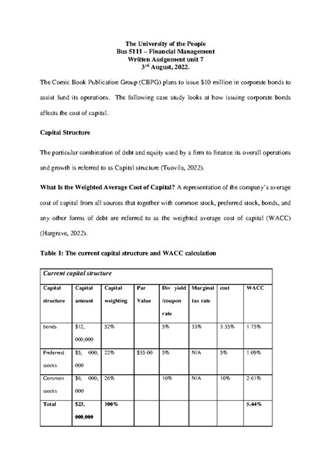 Bus Financial Management Written Assignment Unit Dl The