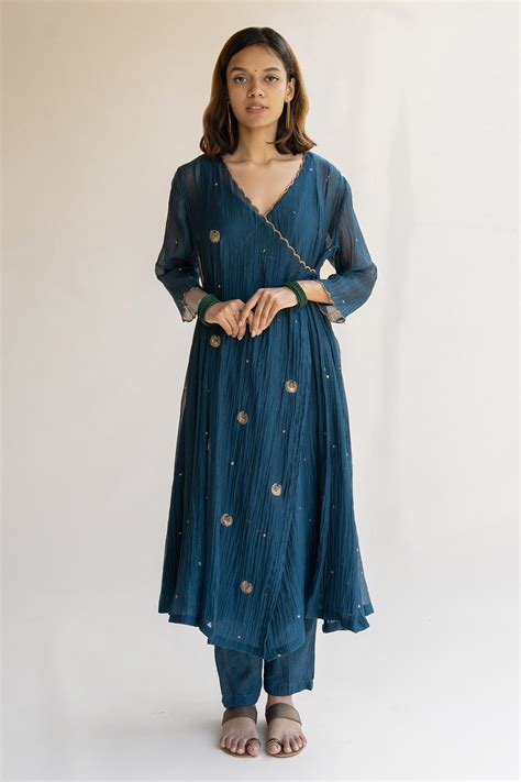 Buy Blue Chanderi Cotton Embroidered Nakshi Kangri V Neck Angrakha