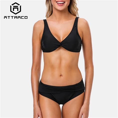 Attraco Women Bikini Set Solid Swimwear Strappy Adjustable Swimsuit Cross From Bathing Suit