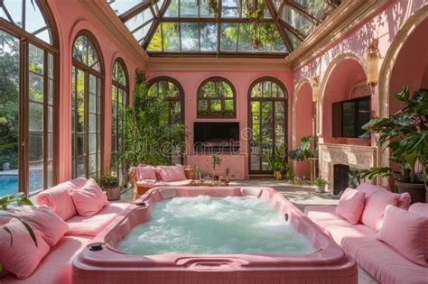 Luxurious Pink Spa Room With Bubbling Hot Tub Surrounded By Tropical Plants Creating A