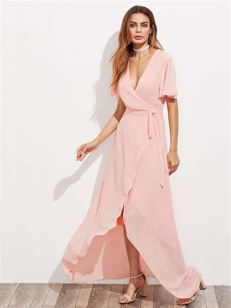 Flutter Sleeve Surplice Wrap High Low Dress Shein Sheinside