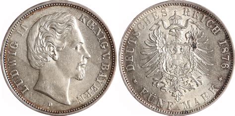 Bayern 5 Mark 1876 D Ludwig II 1864 1886 Vorzüglich minimal