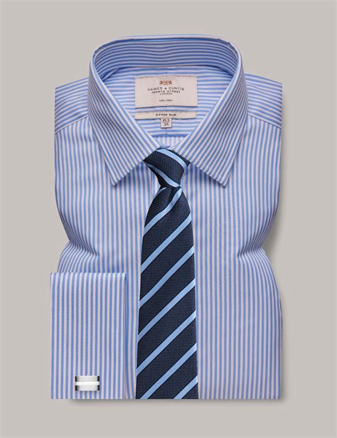 Mens Non Iron Blue And White Stripe Fitted Slim Shirt Double Cuff