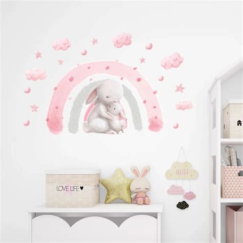 Autocollant Mural Lapin Arc En Ciel Rose Mignon D Coration Murale Pour