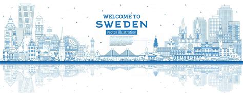 Welcome to Sweden. Outline City Skyline with Blue Buildings and ...